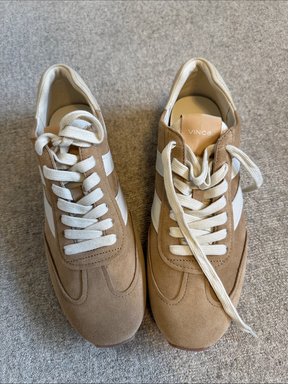 Vince Men's Tan Suede Sneakers with White Stripes